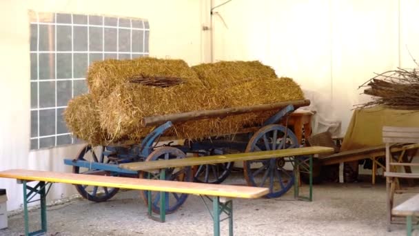 Starý dřevěný vozík se slámou — Stock video