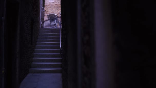 Узкая улица Венеции со ступенями на мосту — стоковое видео