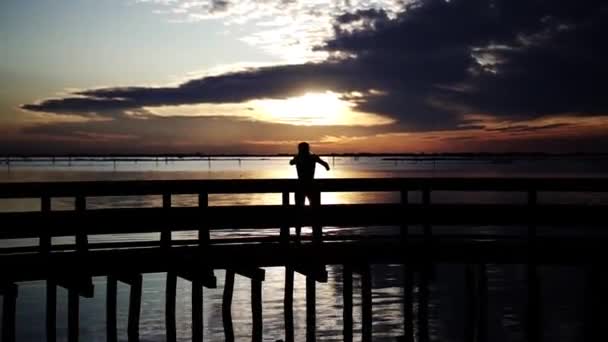 Fille danse au coucher du soleil sur la lagune — Video