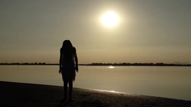Silueta dívky taje vlasy ve zpomaleném filmu v podsvícení při západu slunce — Stock video