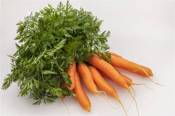 Zanahorias Frescas Limpias Con Hojas Verdes Aisladas Sobre Fondo Blanco —  Fotos de Stock