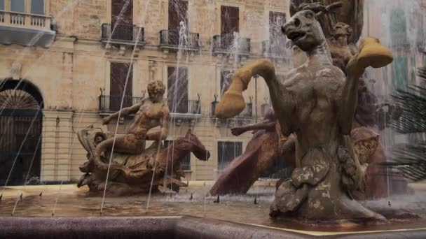Hermosa Fuente Diana Plaza Arquímedes Famosa Isla Ortigia Sicilia — Vídeo de stock