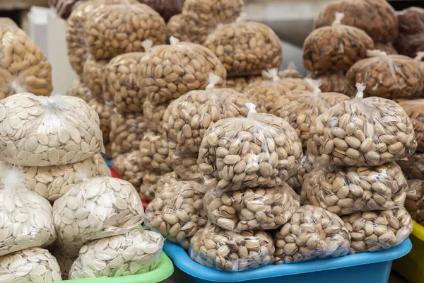 Variety Nuts Almonds Cashews Plastic Packaging Local Market Ortigia Island — Stock Photo, Image