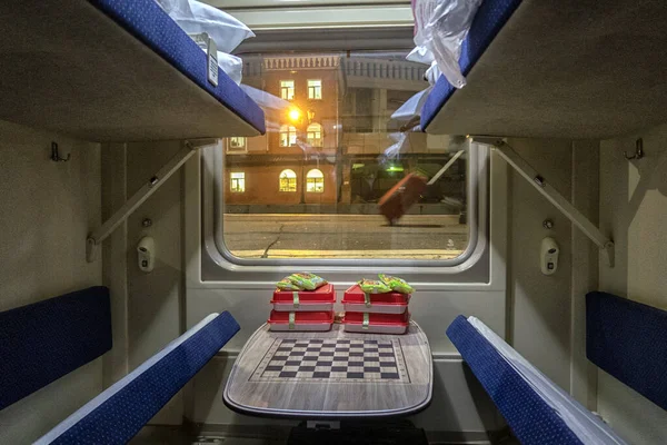 View inside the carriage of a passenger train on the railway. Railway transport.