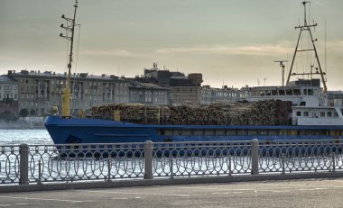 Neva Nehri 'nde kütüklerle dolu bir mavna..