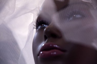 Manken, kadın manken kafası camın arkasında, yaklaşın..