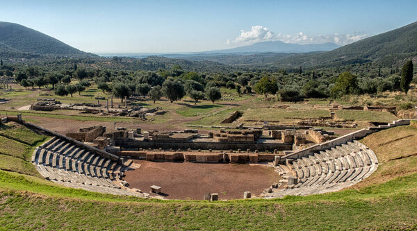 Panoramic view of the ancient Messini archaeological site, south Peloponnese, Greece