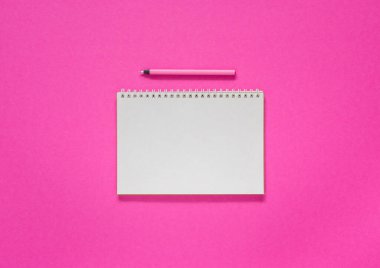 Pembe zemin üzerinde spiral bir not defteri aç, defter ve kalem dokusal kağıt üzerinde uzan, düz konsept