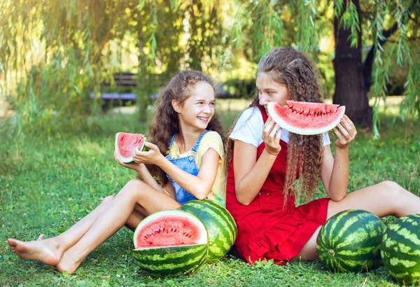 快乐的朋友们在后院野餐吃西瓜 在阳光灿烂的一天互相微笑 一起玩的开心夏天的概念时间 — 图库照片