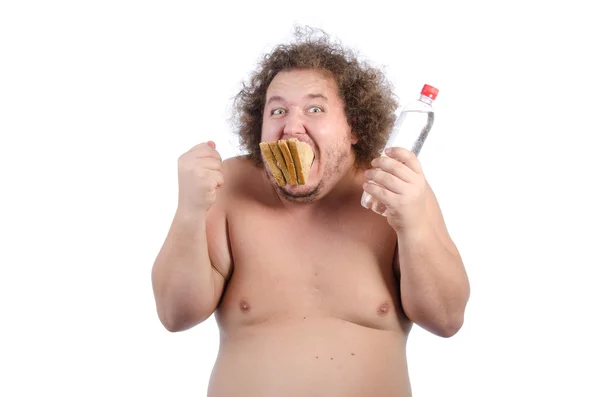Éhes kövér fickó egy szendvics. — Stock Fotó