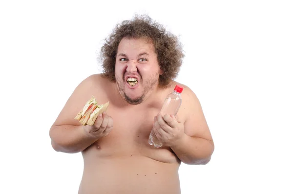 샌드위치와 함께 배가 뚱뚱한 남자. — 스톡 사진