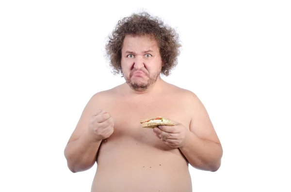 Πεινασμένοι Χοντρός Άντρας με ένα σάντουιτς. — Φωτογραφία Αρχείου