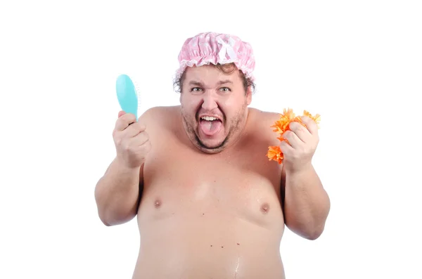 Uomo grasso divertente sotto la doccia. — Foto Stock