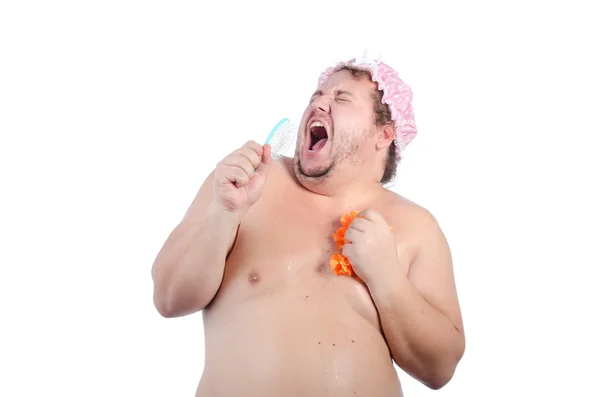 Uomo grasso divertente sotto la doccia. — Foto Stock