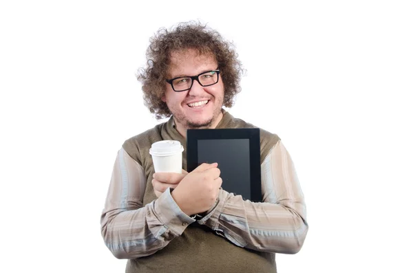 快乐的人，用一杯咖啡和一款平板电脑. — 图库照片