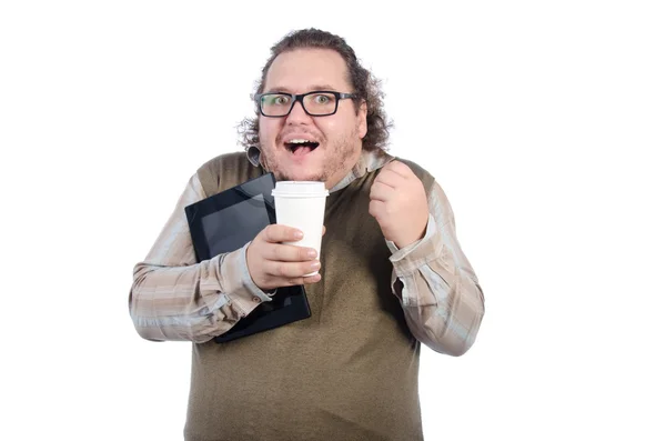 是的。快乐的人，与平板电脑和咖啡. — 图库照片