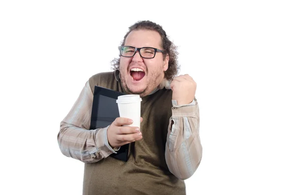 Ja. Glad kille med tablett och kaffe. — Stockfoto