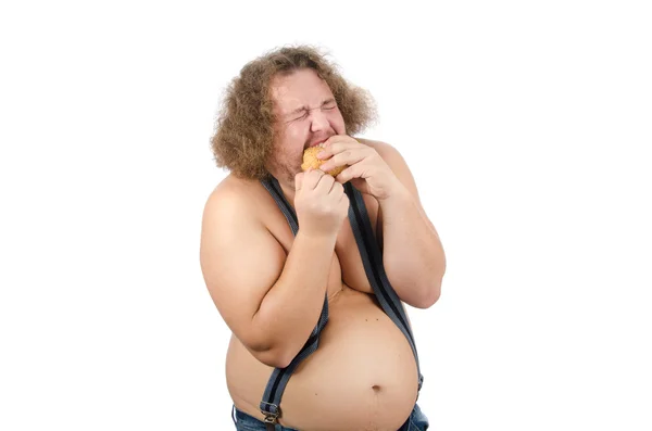 Gordo comendo um hambúrguer . — Fotografia de Stock