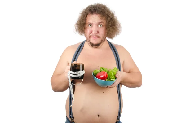 Surprised fat man with salad. Diet. — Stockfoto