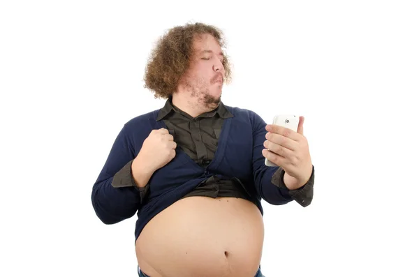 Selfies. Stupid fat man with the phone. — Stockfoto