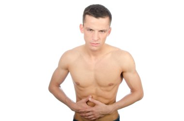 Young man shirtless and abdominal pain. clipart