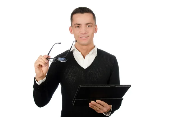 Jovem empresário feliz segurando um tablet . — Fotografia de Stock