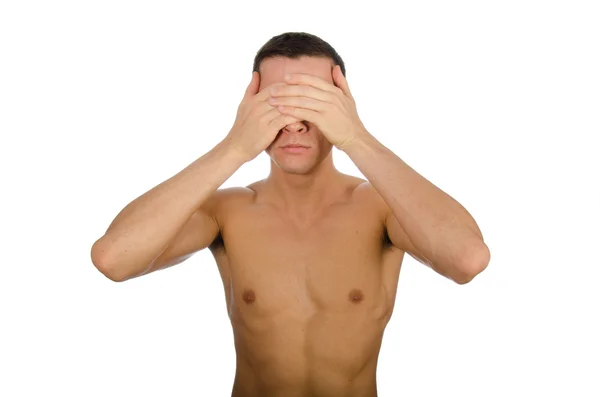 Ung kille shirtless täcker ansikte. — Stockfoto