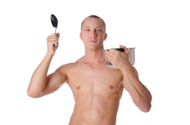 Genç seksi aşçı gömleksiz.