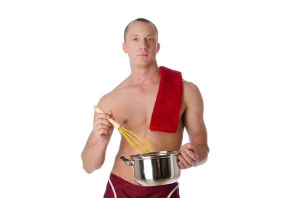 Cozinheiro sexy sem camisa. Panela e corpo . — Fotografia de Stock