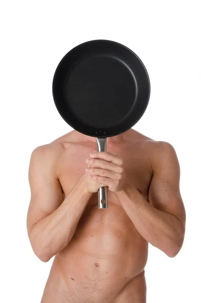 Cozinheiro sexy sem camisa. Panela e corpo . — Fotografia de Stock