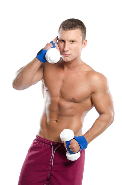 Sexy trainer with dumbbells. — Stock Photo, Image