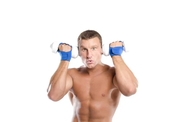 Funny bodybuilding. Guy holding dumbbell. — Stock Photo, Image