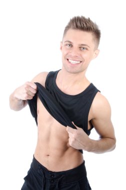 Seksi erkek soyunma. Beyaz arka plan.