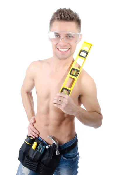 Sexy shirtless klusjesman. Witte achtergrond. — Stockfoto