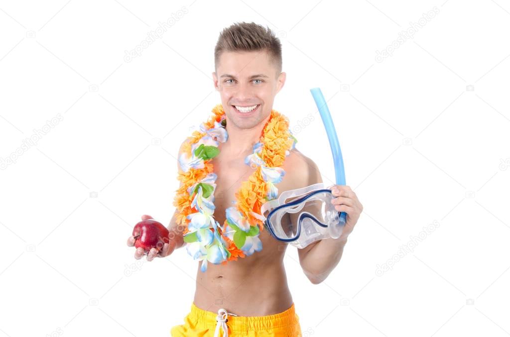 Summer holidays . White background. Handsome guy. Diving and snorkelling.
