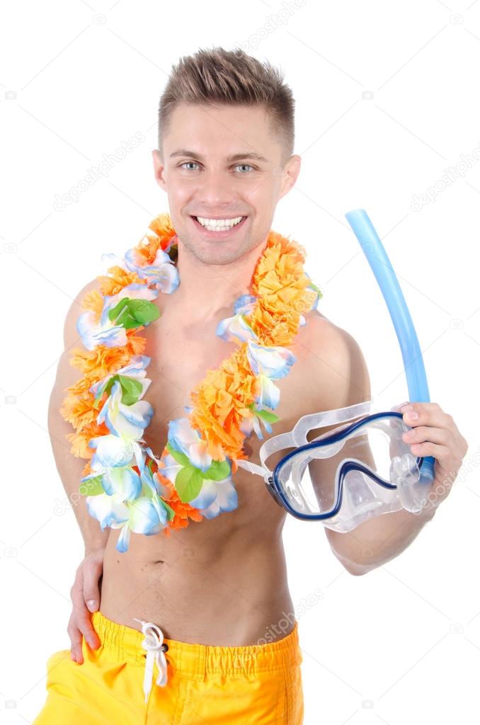 Summer holidays . White background. Handsome guy. Diving and snorkelling.