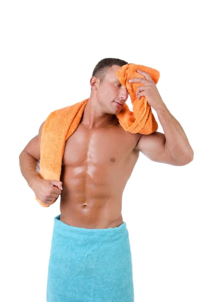 Man after training. Wet body. Towel. — Stock Photo, Image