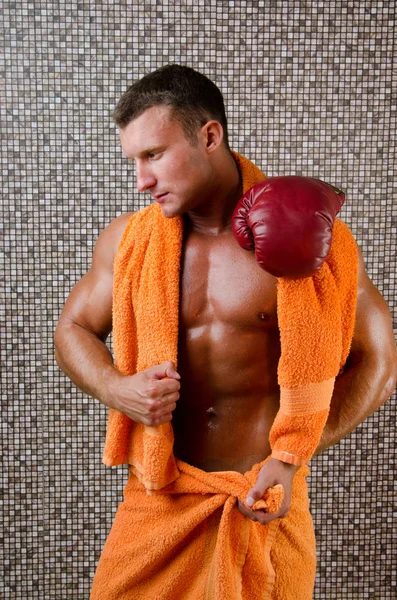 Boxer after training. Shower room. — Stock Photo, Image