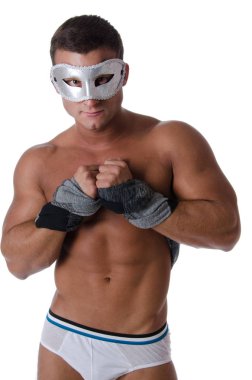 Beyaz maskeli çıplak seksi adam.