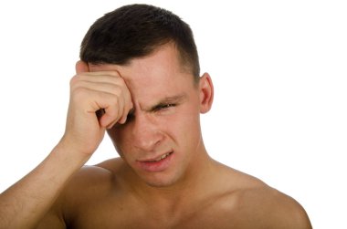 Stres ve ağrı. Genç adam holding başkanı. Acı ve keder. Üzgün genç adam