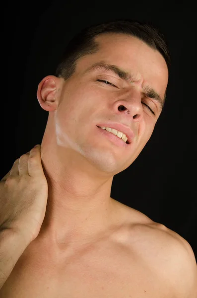 Dolor Desesperación Jovencito Triste Estrés Dolor Muscular Joven Sosteniendo Cuello — Foto de Stock