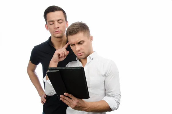 Two Serious Guys Working Project Tablet Technology — Stock Photo, Image