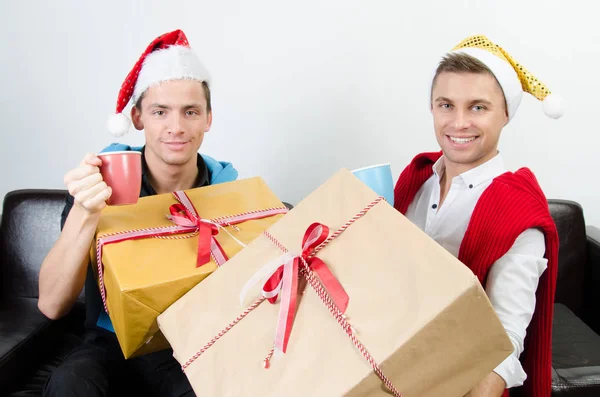 Happy Partners Gift Two Beautiful Sexy Guys Love Relationships — Stock Photo, Image