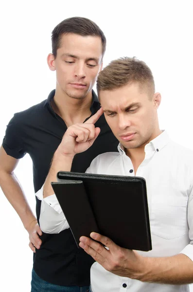 Two Serious Guys Working Project Tablet Technology Royalty Free Stock Photos