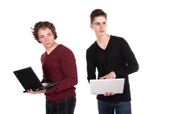 Two Attractive Students Laptop White Background Royalty Free Stock Images