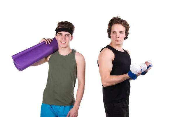 Fitness Och Hälsosam Livsstil Två Roliga Unga Killar Vit Bakgrund — Stockfoto