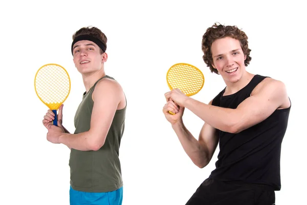 Fitness Und Gesunder Lebensstil Zwei Lustige Junge Kerle Weißer Hintergrund — Stockfoto