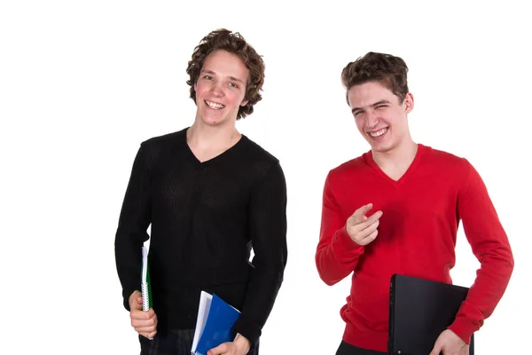 Dois Estudantes Engraçados Fundo Branco — Fotografia de Stock