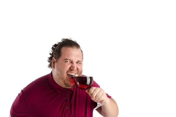 Homem Gordo Engraçado Vinho Tinto — Fotografia de Stock