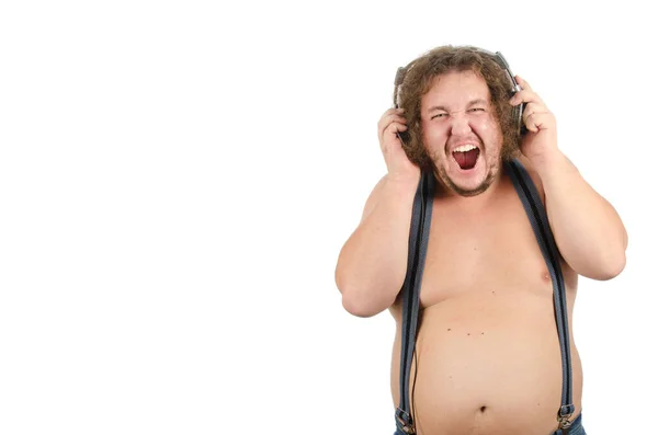Funny Fat Guy Listens Music Headphones — Stock Photo, Image